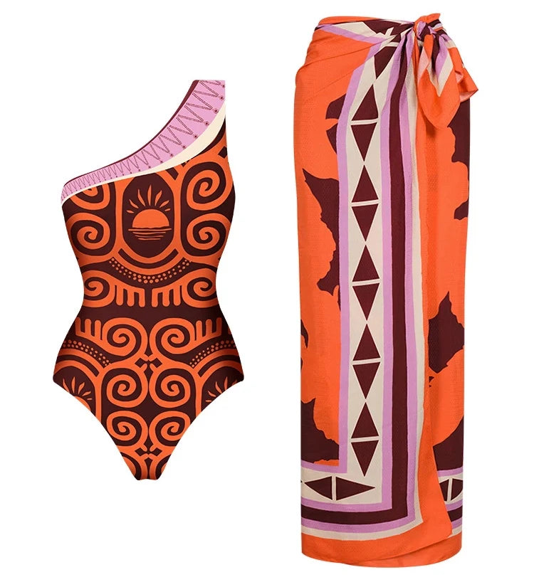 One Shoulder Ethnic Print Swimsuit