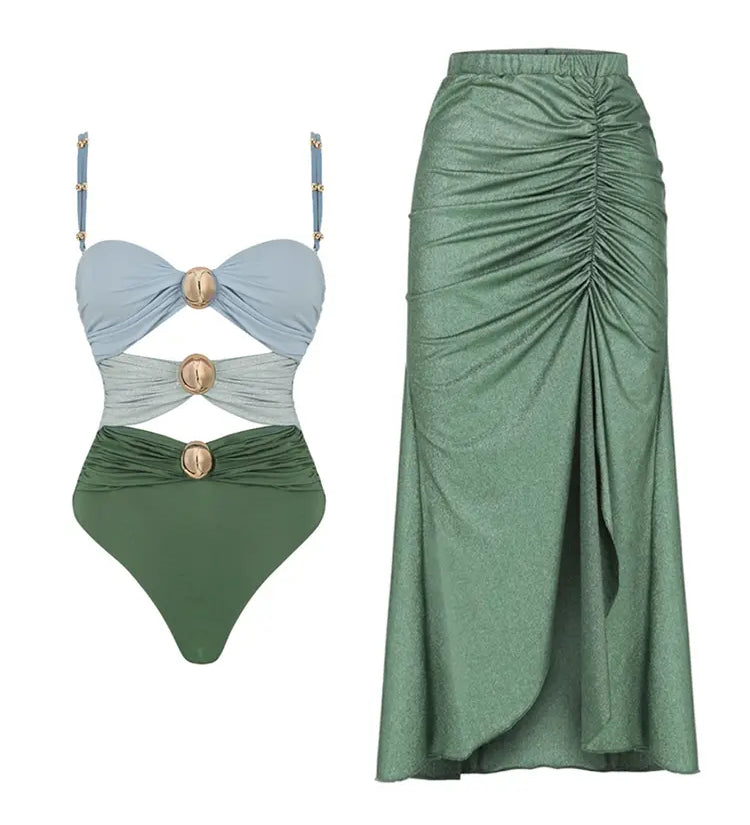 Morandi Green Colorblock High-Waist Swimsuit Set