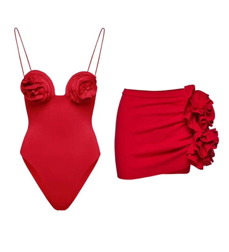 Floral Appliqué Swimsuit Skirt Set