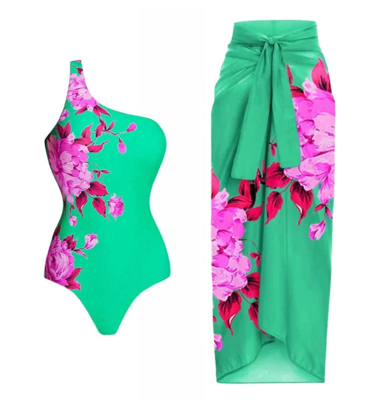 One-Shoulder Printed Monokini Set