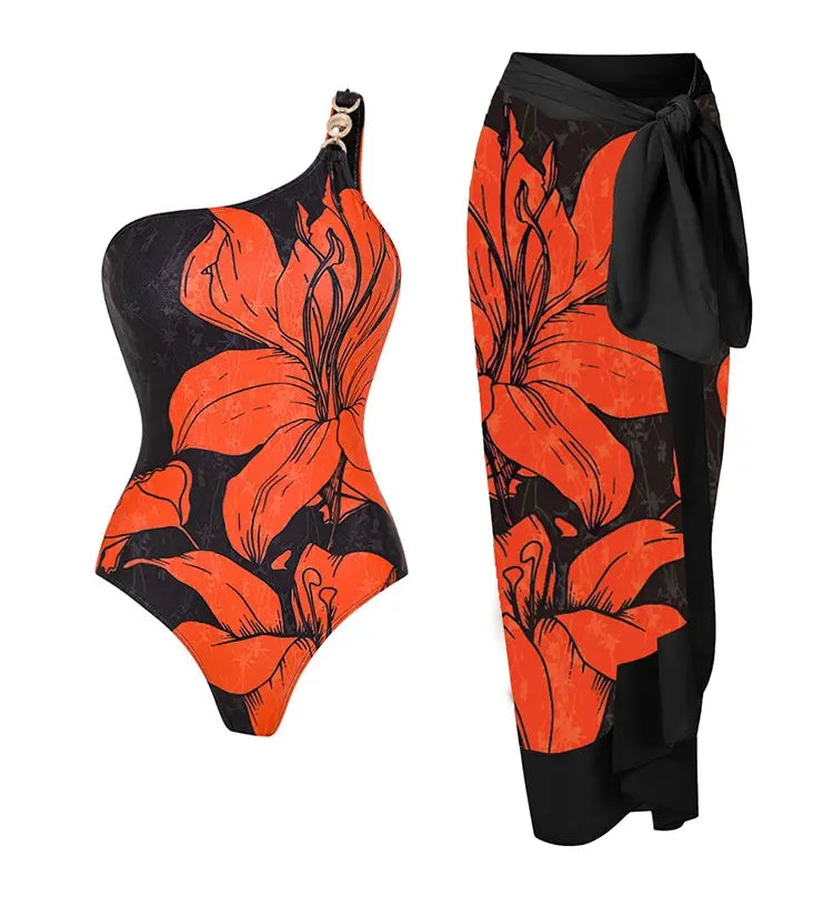 One Shoulder Printed One Piece Swimsuit Set