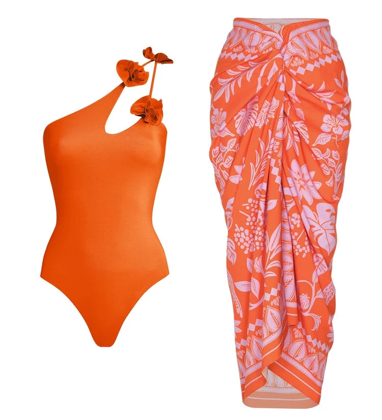 Floral One Shoulder Cutout Swimsuit Set