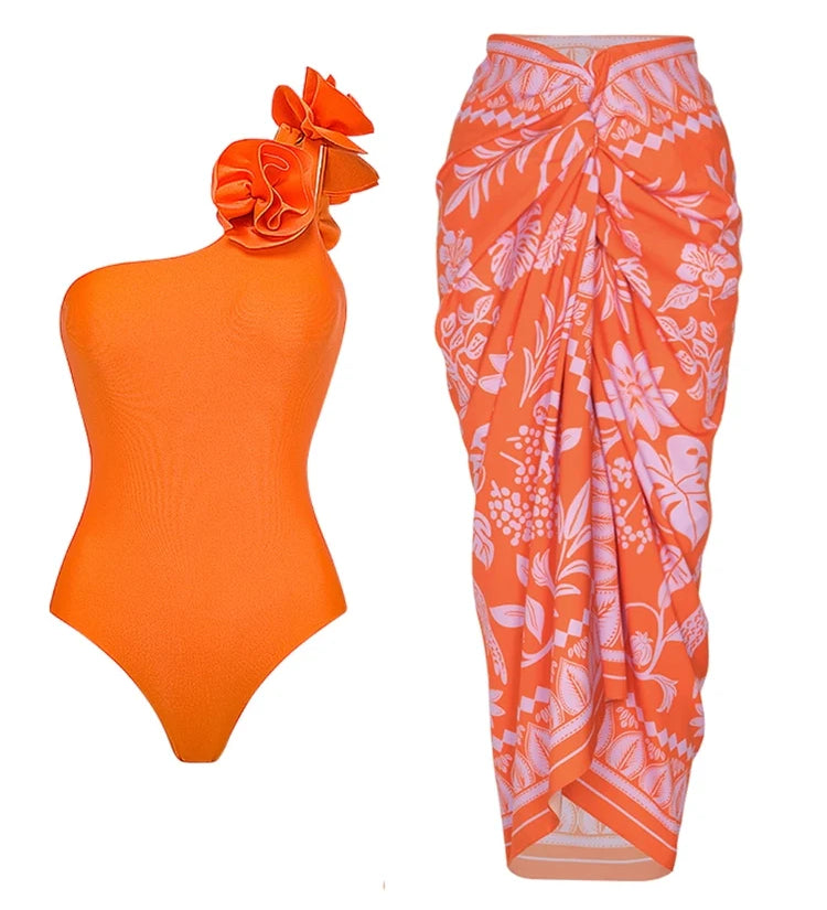 3D Floral Glossy Solid Swimsuit Set
