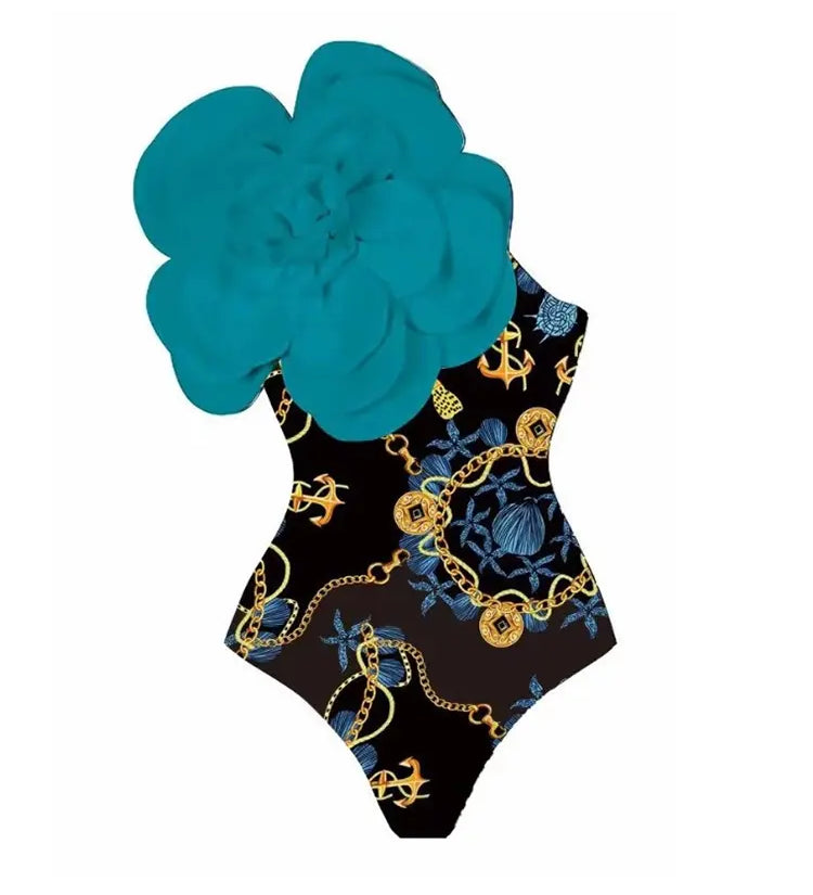 3D Blue Floral Bust Decor Printed Swimsuit