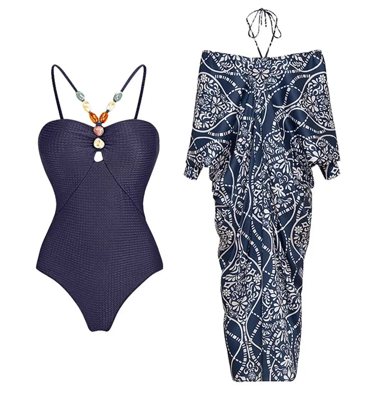 Beaded Textured Fabric One Piece Swimsuit Set