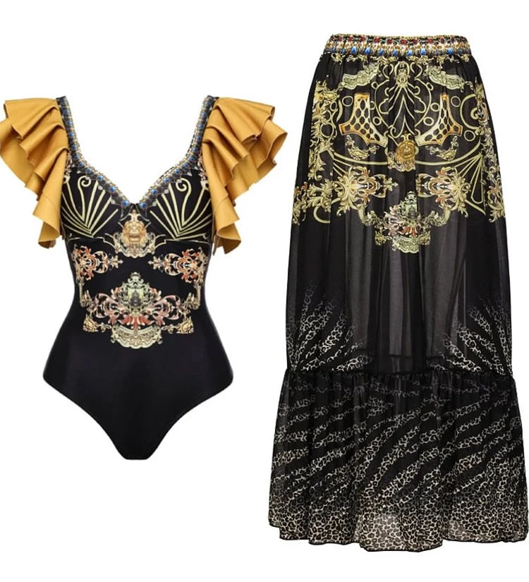 Black Gold Ruffle Swimsuit Set