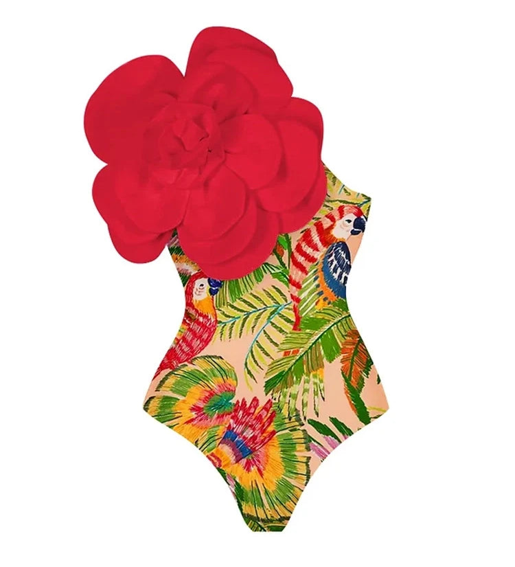 3D Red Floral Embellished One-Piece Swimsuit
