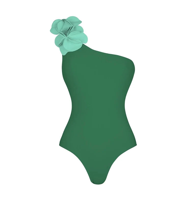 Green One-Shoulder 3D Floral Swimsuit