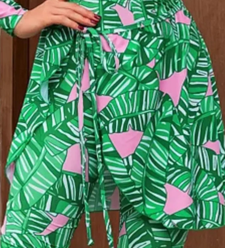Green Zip Long Sleeve Printed Surf Swimsuit Set