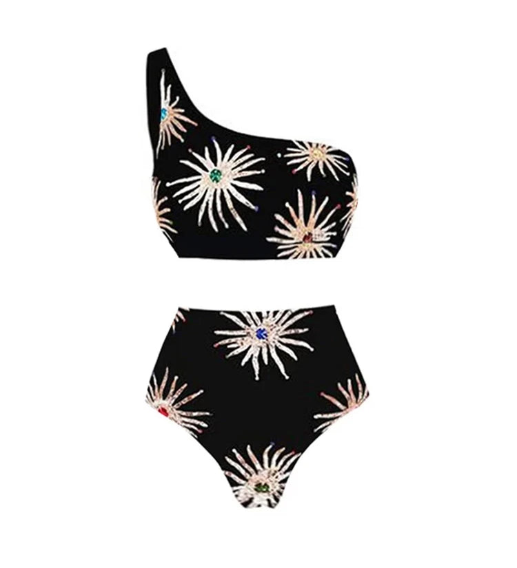 One-Shoulder High-Waist Printed Bikini Set