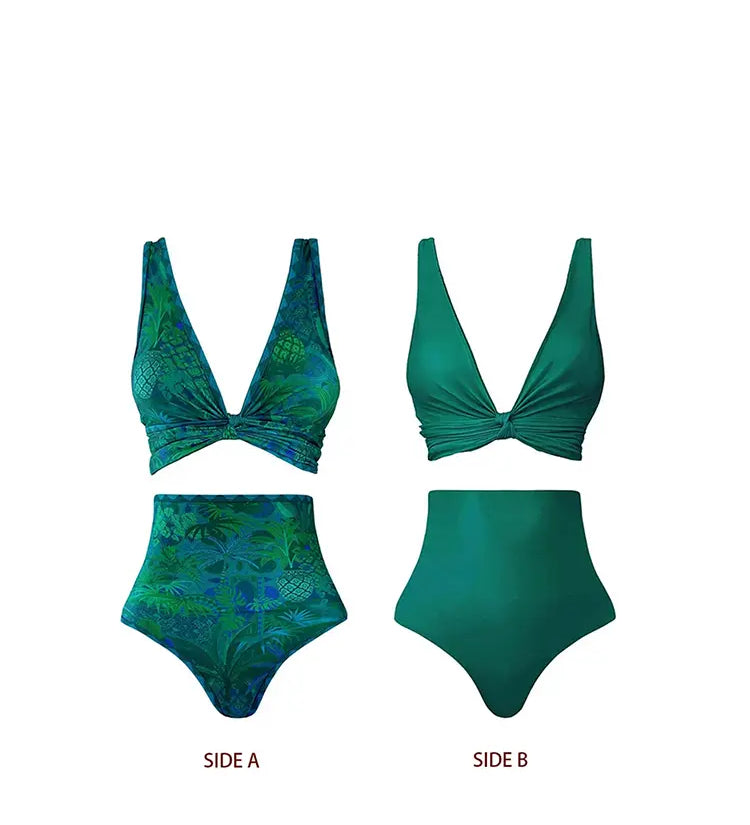 Reversible Green Print High-Waist Bikini Set