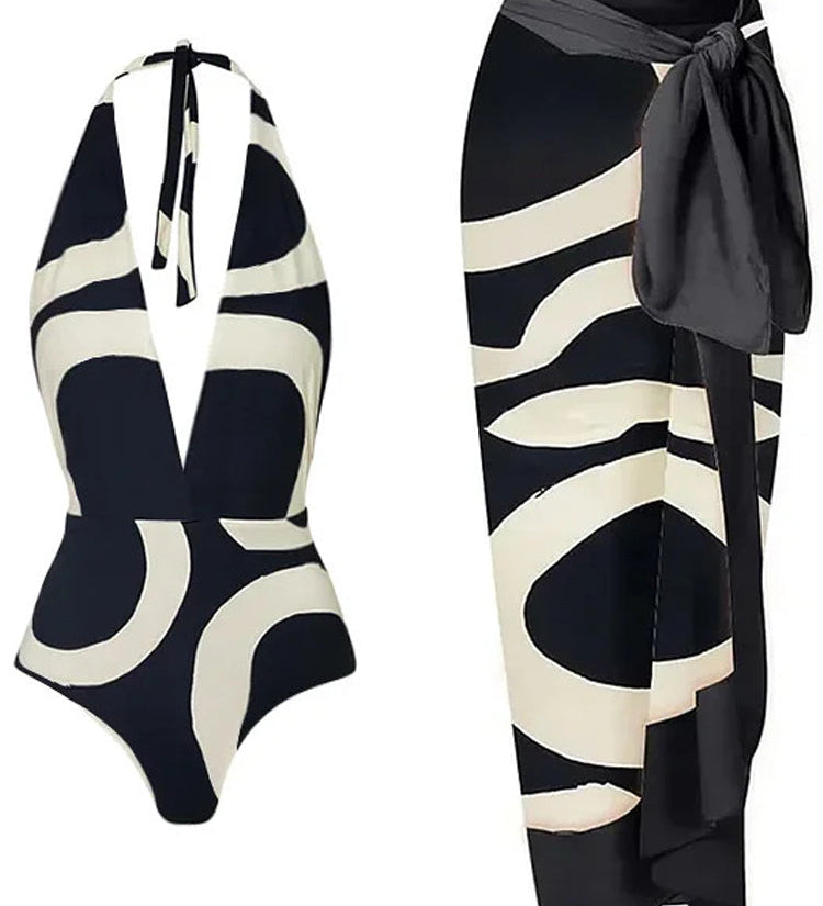 Colorblock Halter High-Waist One-Piece Swimsuit