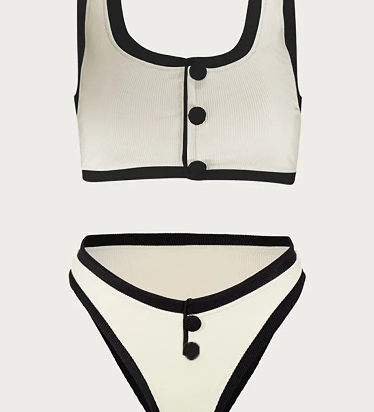 Elegant Contrast Button Detail Two-Piece Swimsuit