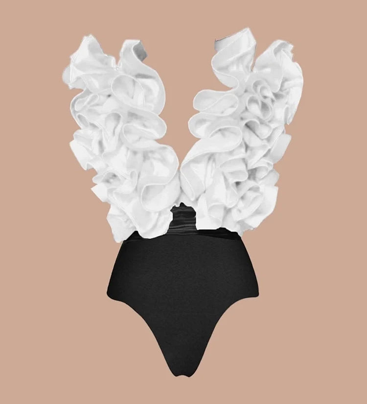 Ruffled V-Neck Mixed Colors Swimsuit Set
