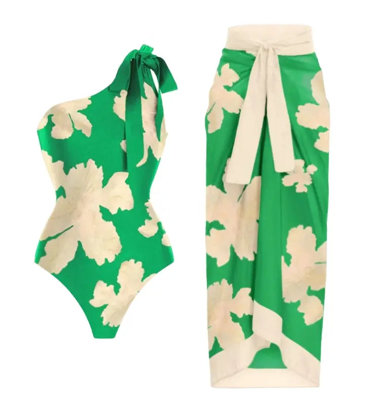 Belted Printed Swimsuits with Wrap Skirt Set