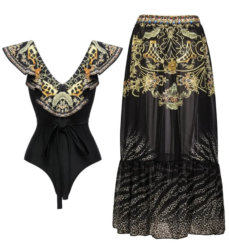 Black Gold Print Ruffle Tie Swimsuit Set