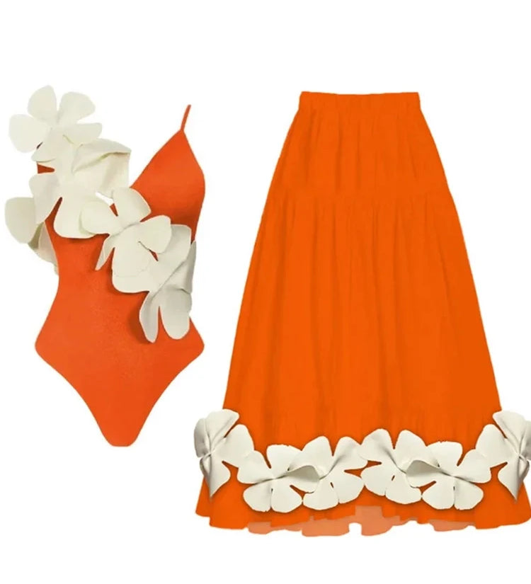 Tie Fresh Floral Swimsuit and Skirt Set