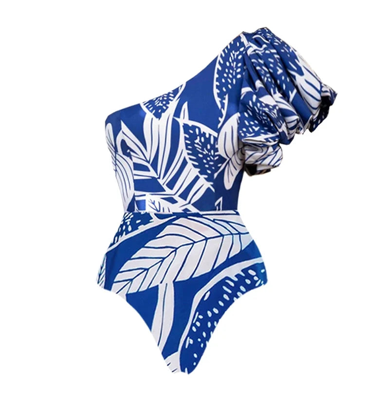 One-Shoulder Ruffle Floral Swimsuit Set