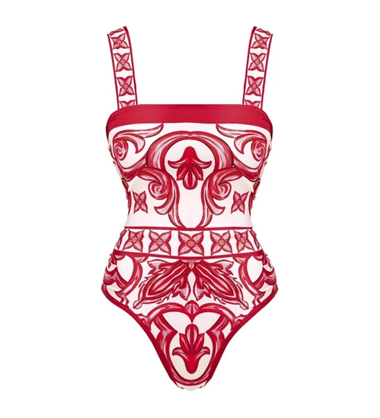 Ethnic Print One-Piece Swimsuit Set