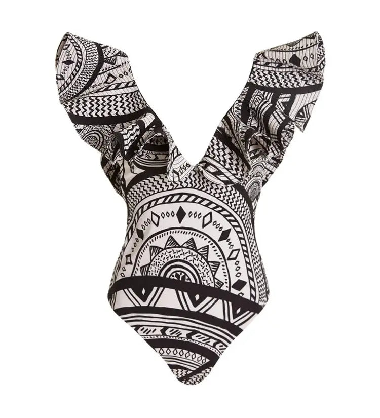 Deep V Ruffle Vintage Print Swimsuit
