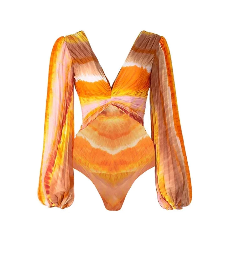 V-Neck Long Sleeve Printed Swimsuit Set