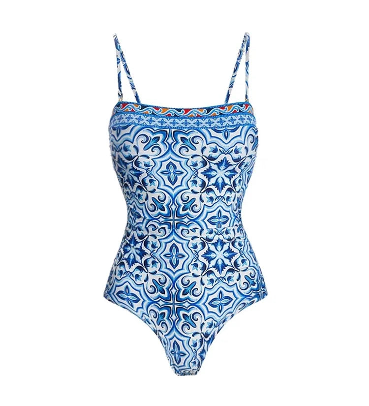 Blue Ethnic Print Swimsuit Set
