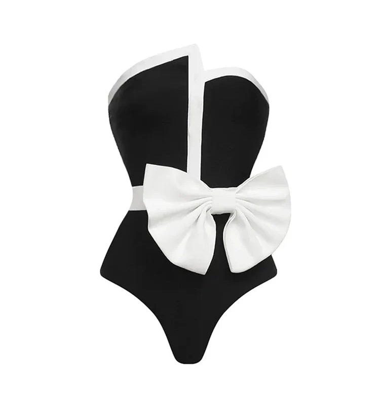 Strapless Colorblock Bow One-Piece Swimsuit