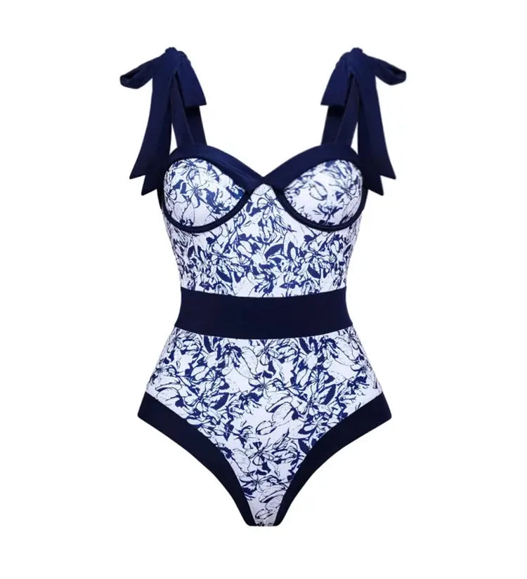 Tie Strap Contrast Print One Piece Swimsuit