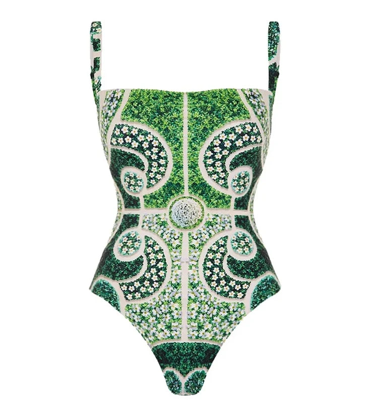 Green Ethnic Print One Piece Swimsuit Set