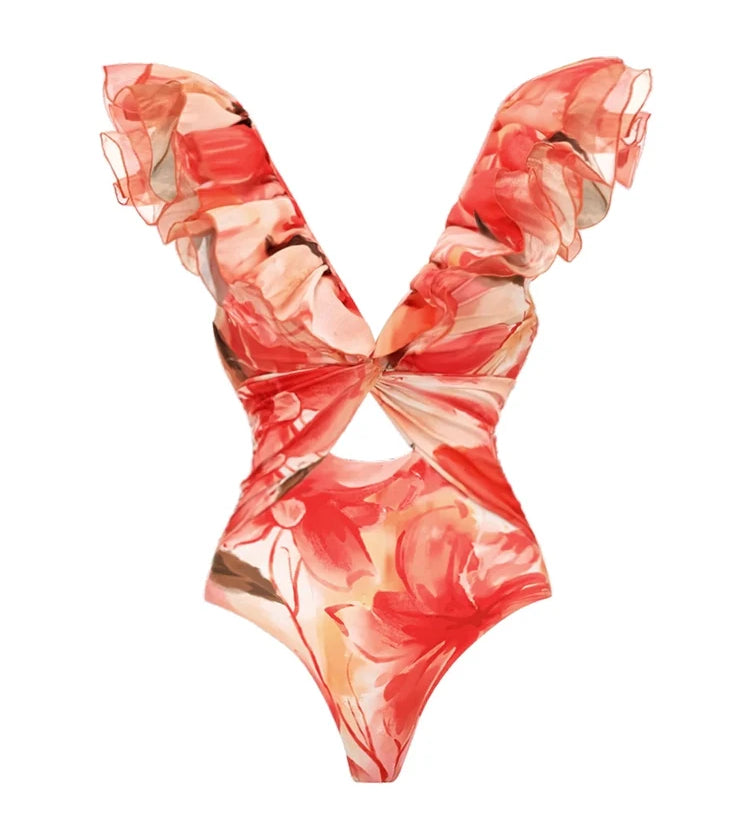 Ruffle Trim Vacation Print Swimsuit Set