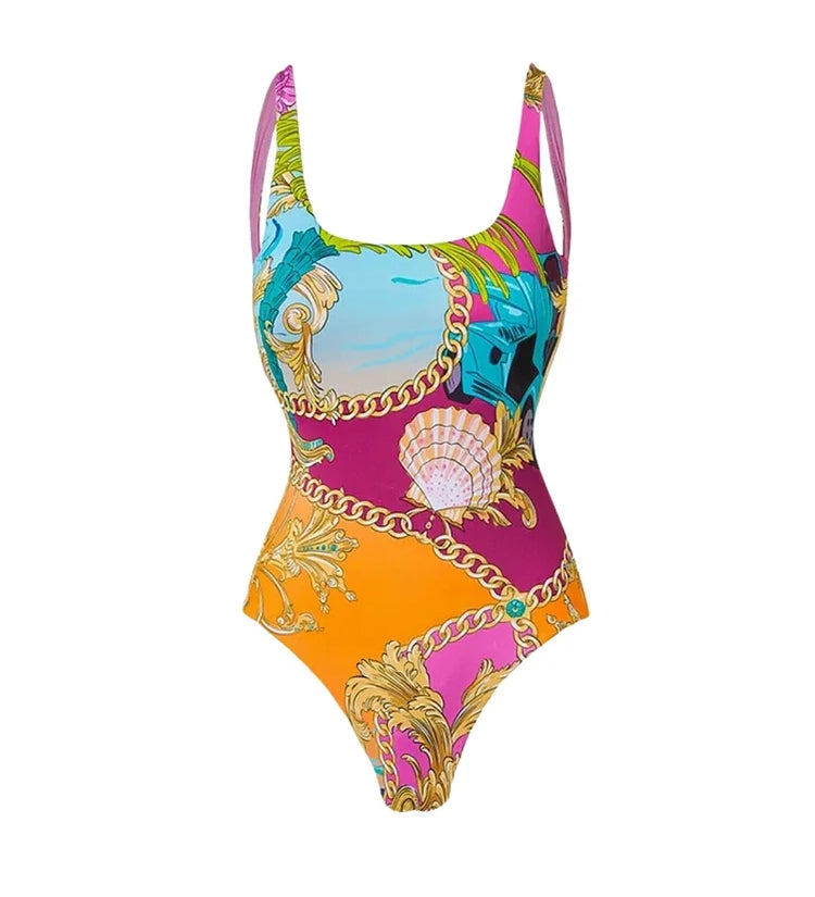Colorblock Cartoon Print One-Piece Swimsuit