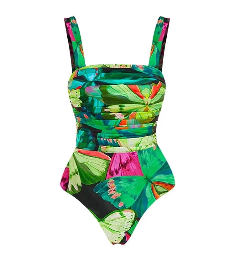 Butterfly Print Ruched Slimming Swimsuit Set