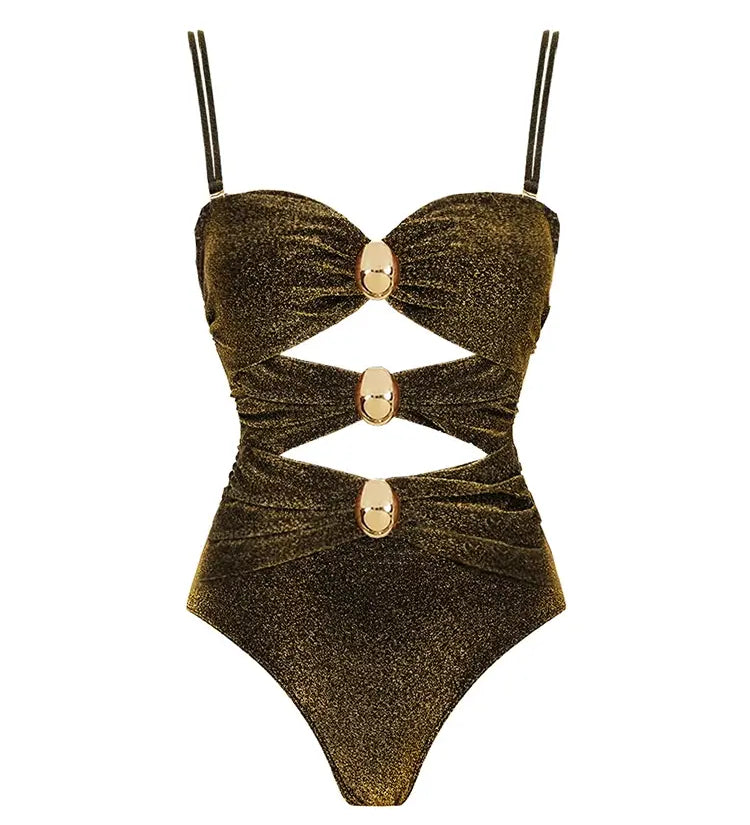 Gold Buckle Cutout Glossy One Piece Swimsuit Set