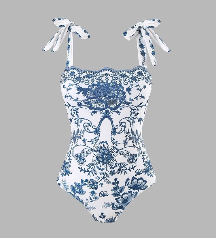 Floral Bow Tie One-Piece Swimsuit Set