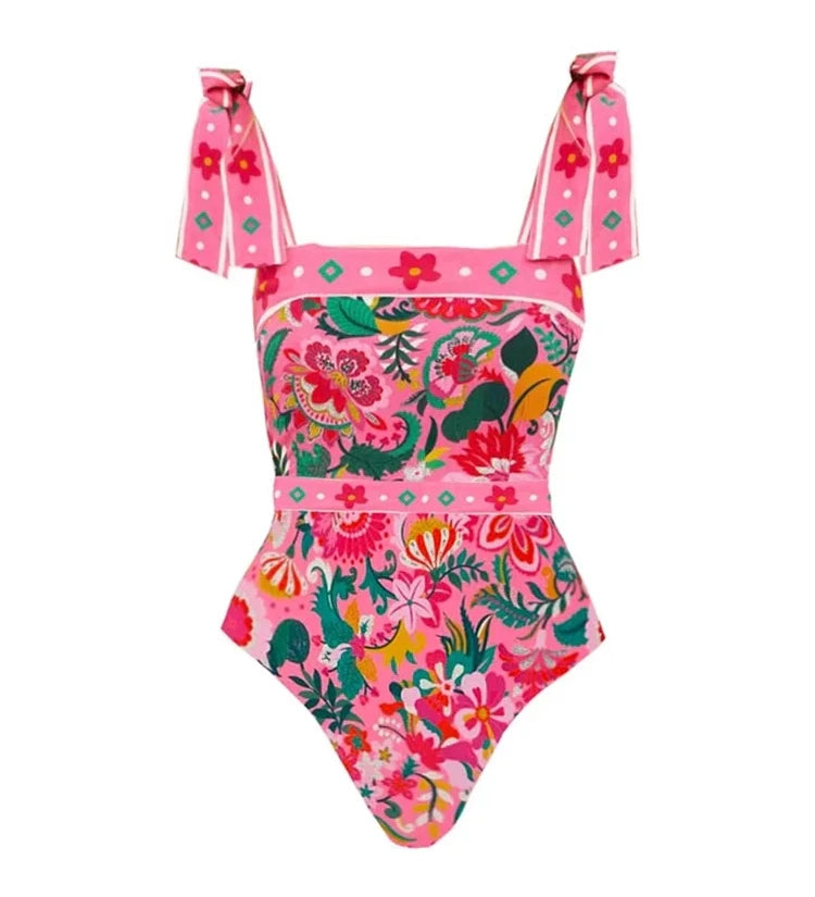 Floral Bowknot Tie One-Piece Swimsuit