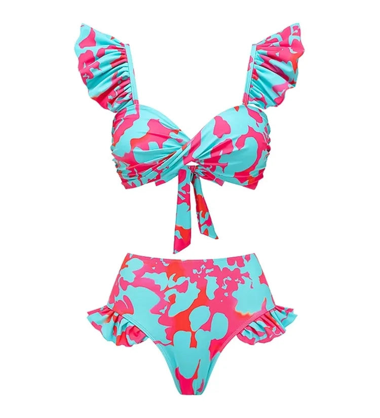 Ruffle Floral High-Waist Bikini Set
