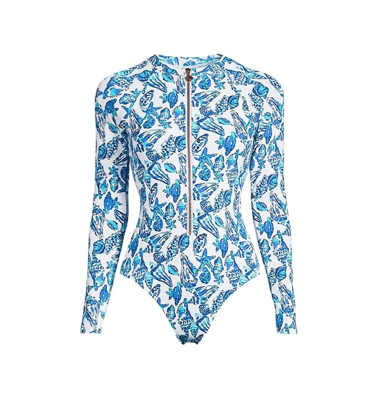Green Zip-Up Floral Surf Swimsuit Set
