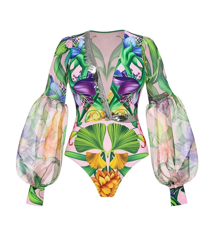 Deep V Lantern Sleeve Printed Swimsuit Set
