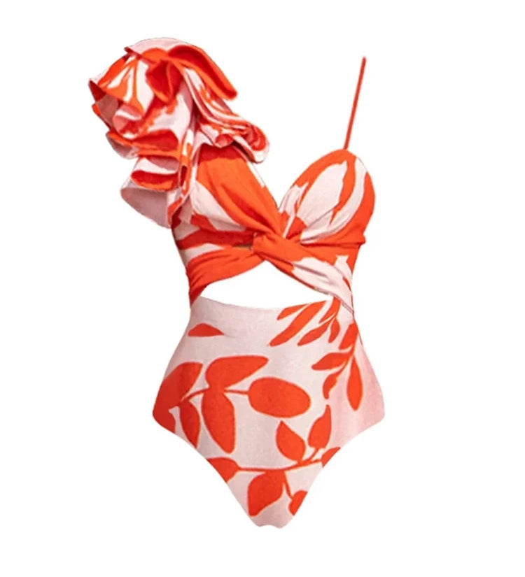 Ruffle Floral Print One-Piece Swimsuit Set