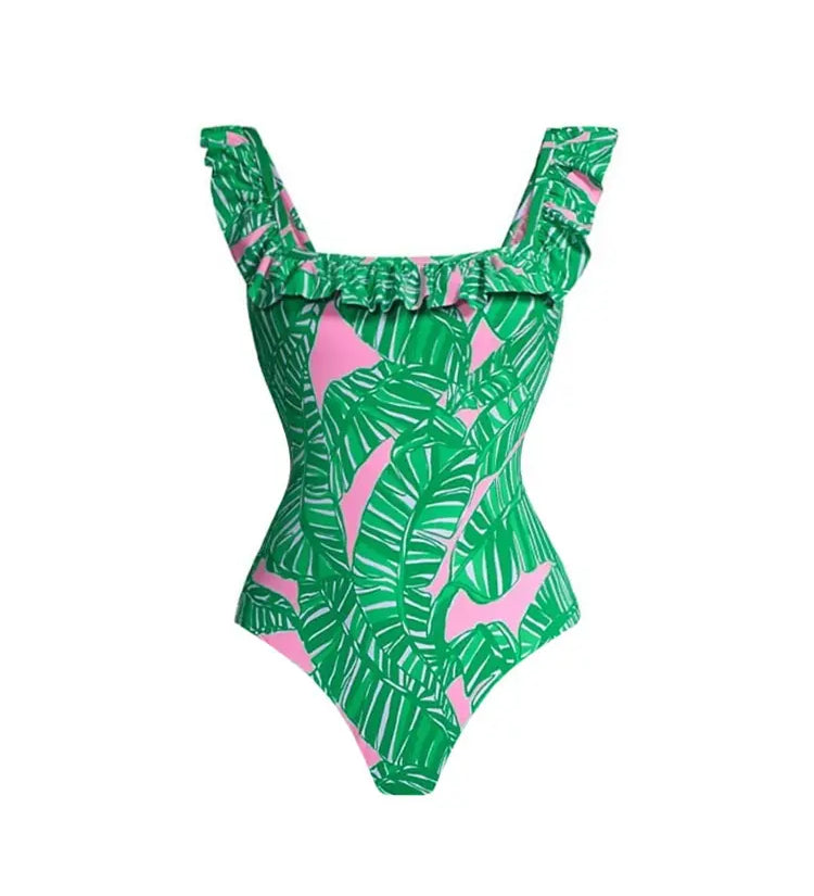 Green Ruffle Print One Piece Swimsuit