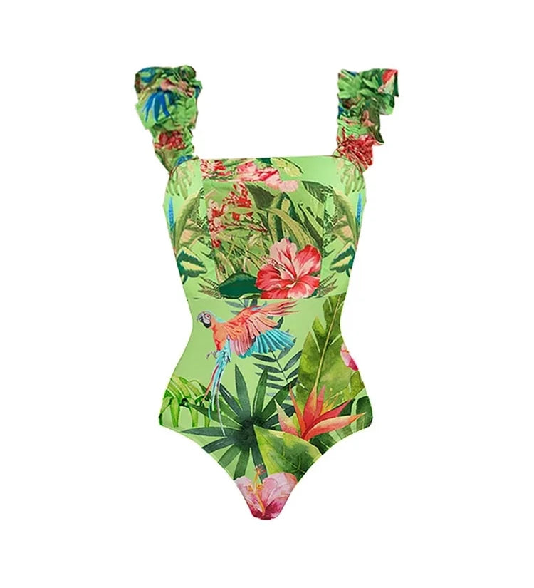 Vacation Print One Piece Swimsuit Set