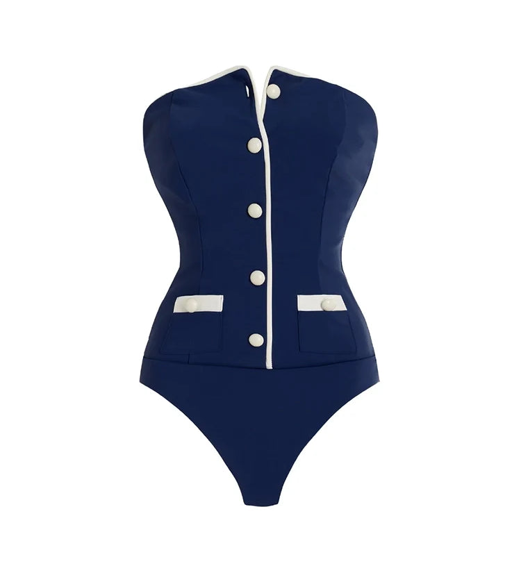 Navy Bandeau One Piece Shorts Set