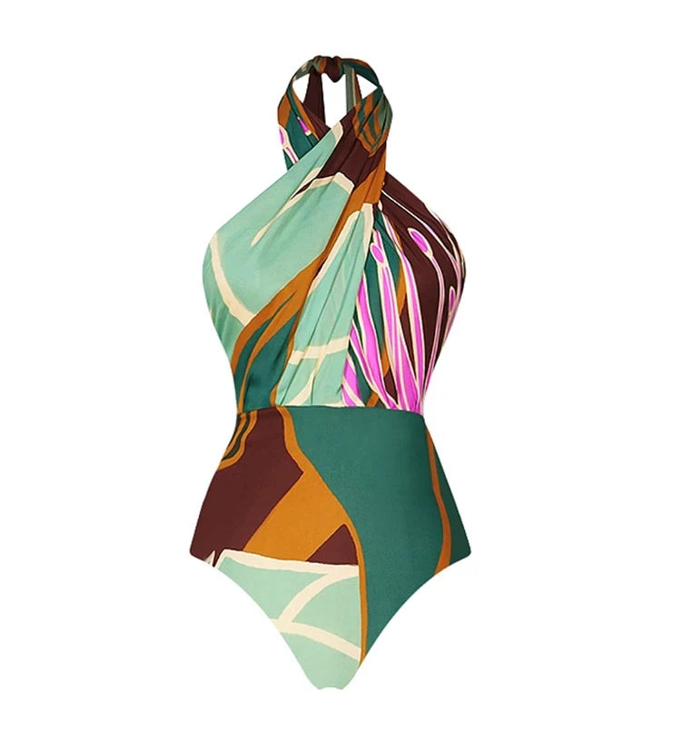 Halter Cross Backless Floral Swimsuit Set