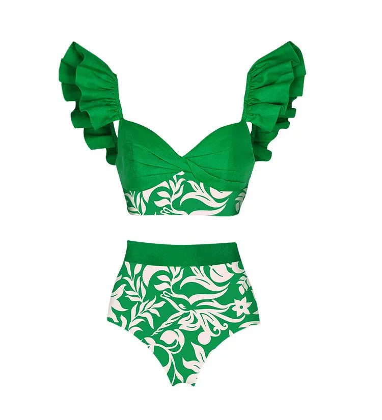 Ruffled Colorblock High-Waist Swimsuit