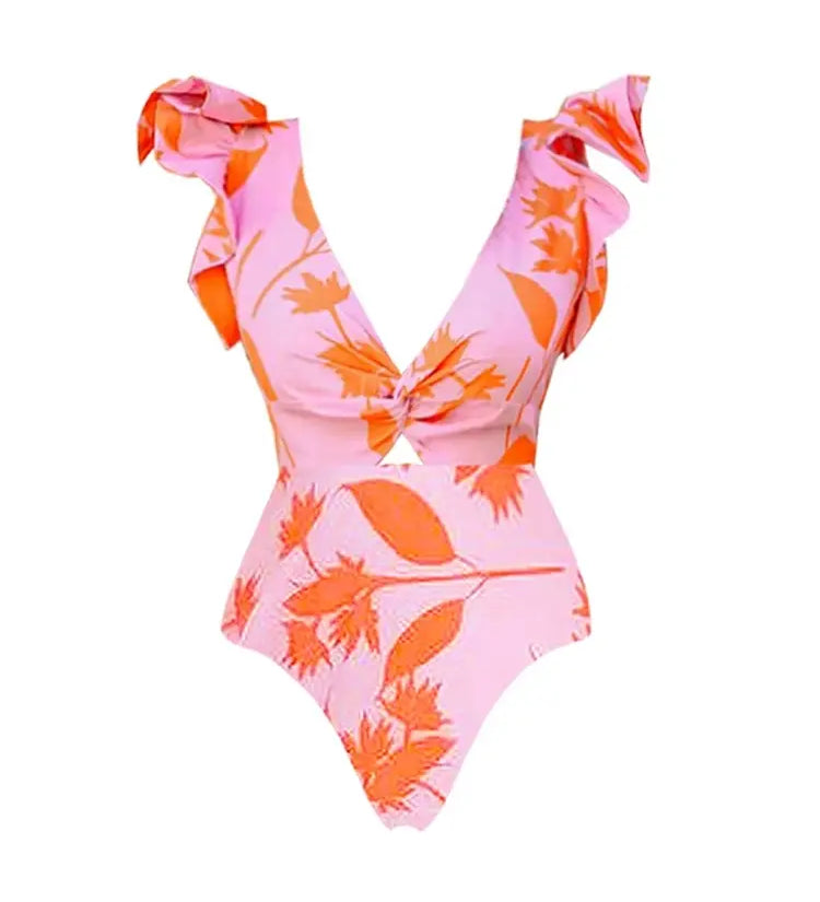 Ruffle Trim Beach Vacation Printed Swimsuit Set
