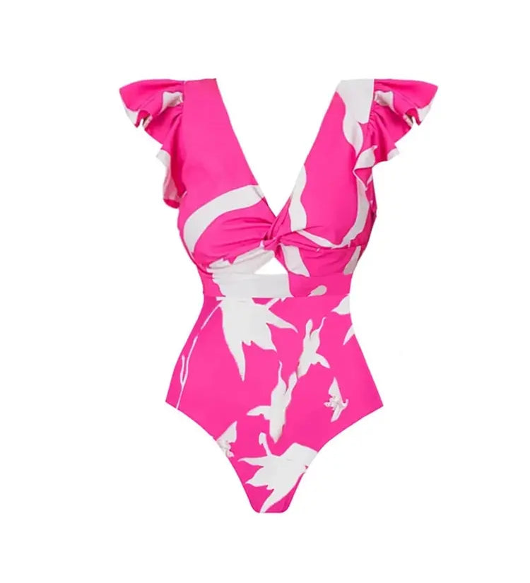 V Neck Ruffle Printed One Piece Swimsuit Set