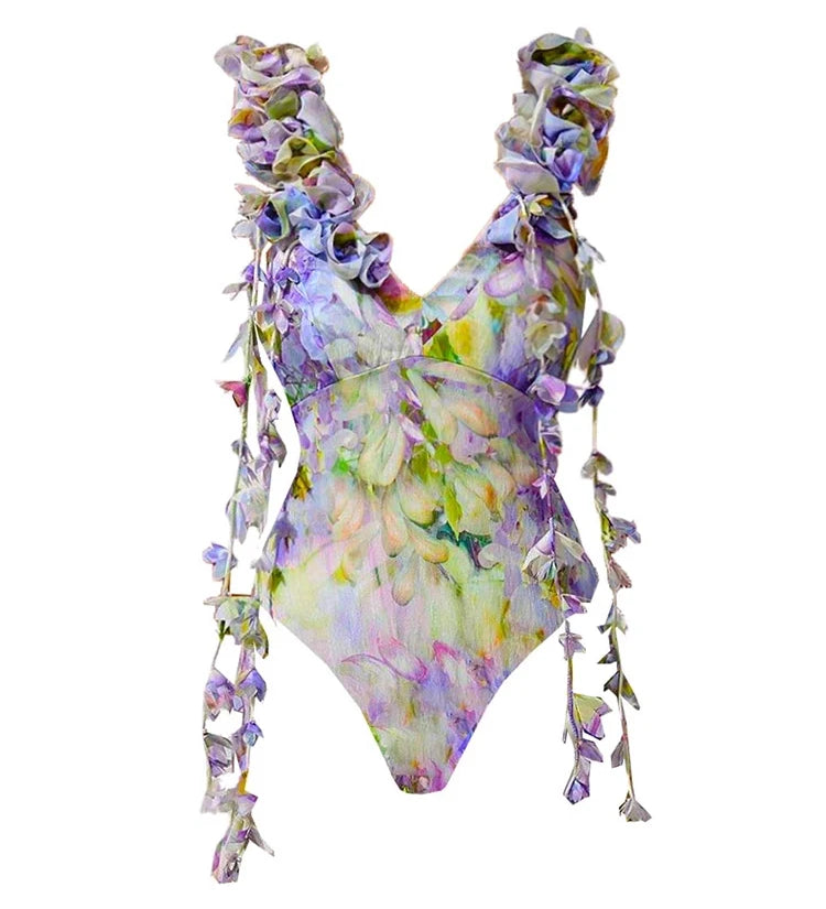 Floral Appliqué Tie-Up Fairy Style Swimsuit