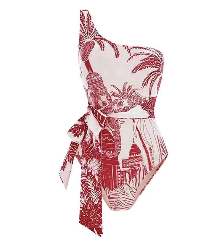 One-Shoulder Palm Print Swimsuit Set