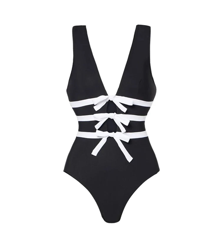 Cutout Black and White One-Piece Swimsuit