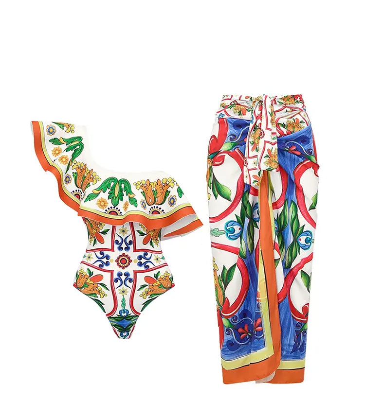 One Shoulder Enamel Print Swimsuit Set